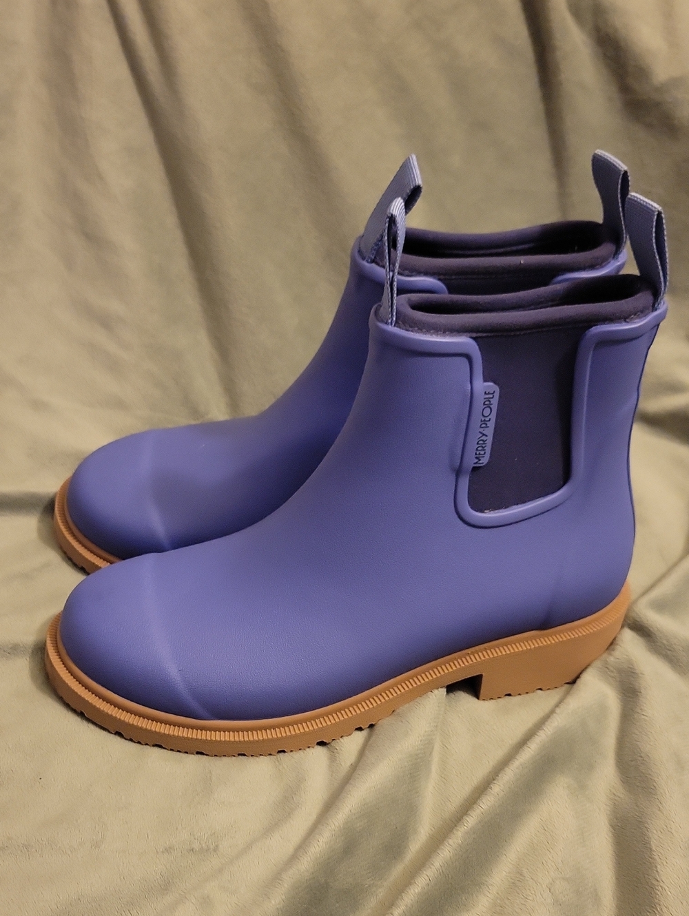 Purple Chelsea Rain Booties with Contrasting Tan Sole